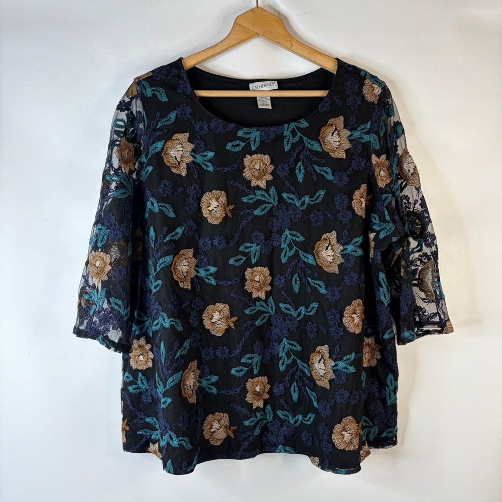 Catherines Blouse Womens 2X Black Floral Embroidered Mesh 3/4 Sleeve Top